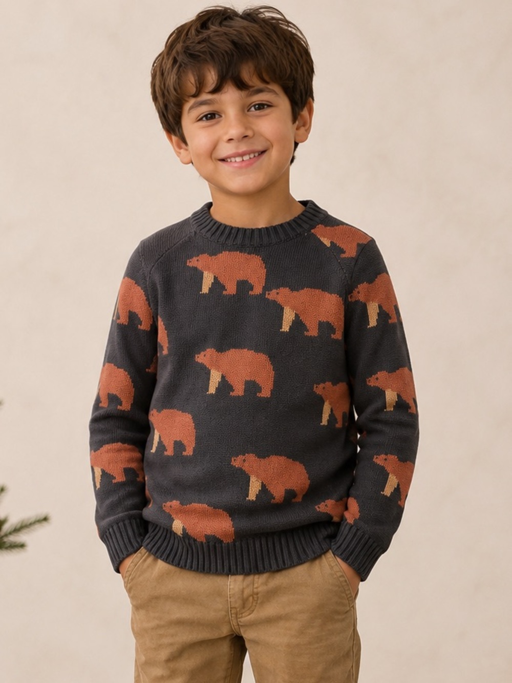Tea Collection Bear Intarsia Knit Sweater Gray Kids Large 8-10 100% Cotton